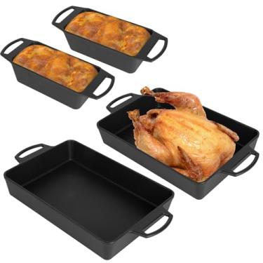 Imagem de SafBbcue Kit de panela quadrada de ferro fundido, forno holandês para assar pão para assar pão de milho, biscoitos de pão, carne e pizza, 3 peças