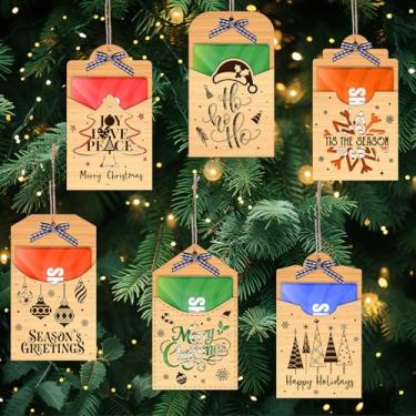 Imagem de Capoda Pacote com 6 porta-cartões de Natal de madeira, enfeites de suporte de dinheiro pendurados para árvores, enfeites de meia e lembrancinhas de festa, serve para vales-presente padrão, decoração