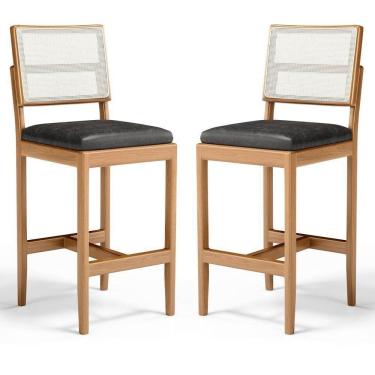 Imagem de Kit Com 2 Banqueta Milena Madeira Maciça Assento Estofado Encosto De Tela Sintética Courino Preto 503