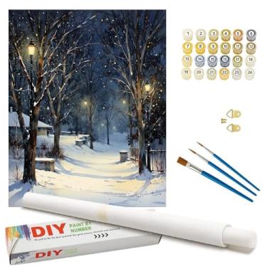 Imagem de Kit de pintura de paisagem de inverno por números para adultos - DIY Snowy Park Path com lanternas pintura em tela enrolada 40 x 50 cm, conjunto de tinta acrílica para iniciantes, arte para decoração