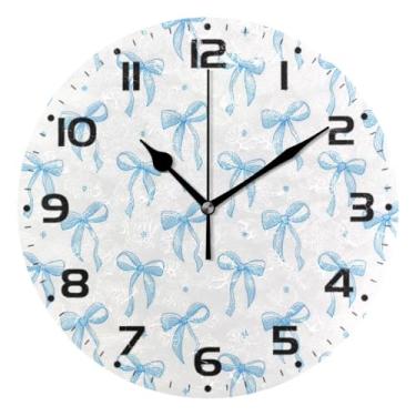 Imagem de JUZIHAI Relógio de parede com laço de fita azul, silencioso, sem tique-taque, relógios de parede redondos operados por bateria, fácil de ler, relógio decorativo de parede para casa, cozinha, sala de