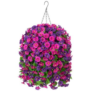 Imagem de Ammyoo Cesta de flores artificiais falsas para decoração de primavera, flor de seda sintética para o verão, floral artificial ao ar livre para quintal de varanda (roxo-vermelho roxo escuro)