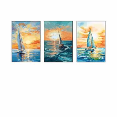 Imagem de PHWWDSUQA 3 peças de arte de parede em tela de veleiro, impressões náuticas, pintura abstrata colorida de paisagem marítima para banheiro, quarto, sala de estar, decoração de casa, 40,6 x 61 cm, sem