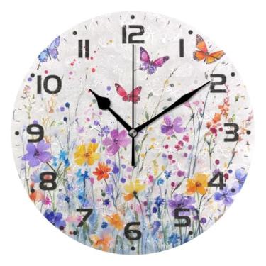 Imagem de JUZIHAI Relógio de parede com padrão de flores, silencioso, redondo, sem tique-taque, operado por bateria, fácil de ler, relógio decorativo de parede para casa, cozinha, sala de estar, quarto
