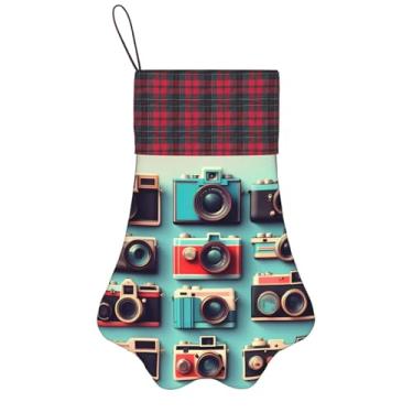 Imagem de SKKNT Coleção de câmera retrô legal impressão meias de Natal animais de estimação decoração de natal cães gatos árvore decoração doce presente conveniente