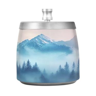 Imagem de Qilmy Cinzeiro de aço inoxidável para paisagem de montanha com tampa - Cinzeiro de cigarro à prova de vento sem cheiro sem fumaça para casa, escritório, carro, pátio, varanda (uso interno e externo)