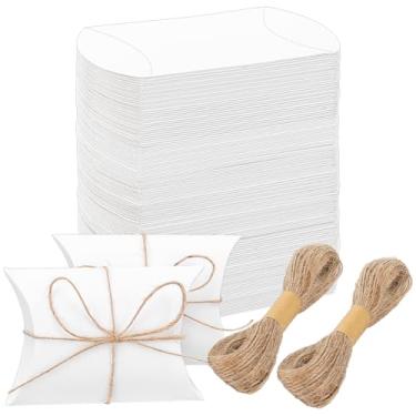 Imagem de BENECREAT 100 conjuntos de caixa de almofada de papel de papelão, caixa branca de 7 x 6 x 2,5 cm com barbante de juta e caixas de correio para festa de casamento, chocolates e biscoitos de açúcar