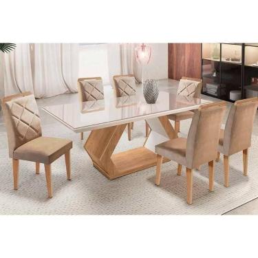 Imagem de Sala De Jantar Alvorada C- Tampo C- Vidro 180x90cm E 6 Cadeiras Melissa Imbuia-linho Turim Rufato