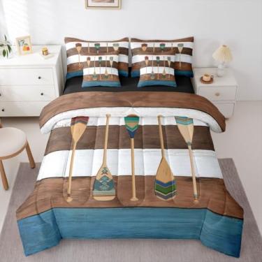 Imagem de Jogo de cama casal e edredom Lake Paddle | Conjunto de cama rústico de 7 peças, decoração de casa do lago para casa, marrom, branco, azul, madeira, fazenda, lençol em um saco, lâmina de barco de lago