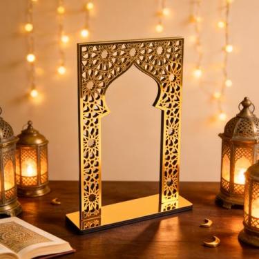 Imagem de Eforcase Decoração de mesa de decoração de mesa de madeira Eid Mubarak Kareem placa de mesa espelho acrílico ornamento de castelo de estrela oca para festa islâmica muçulmana decoração de mesa centro