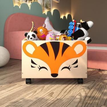 Imagem de Baú De Madeira Infantil Com Rodinhas Caixa Multiuso Para Brinquedos Caixote Organizador Decorativo(Tigre)