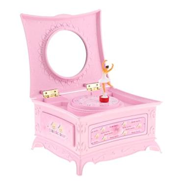 Imagem de Newmind Caixa de joias de música de bailarina, estojo de armazenamento de plástico para pequeno, gaveta de puxar e espelho redondo - rosa, conforme descrito