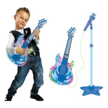 Imagem de Guitarra Com Microfone Pedestal Infantil Som Luz Conecta Celular Cabo P2