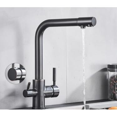 Imagem de Filtro de níquel escovado torneira da cozinha água potável torneira da cozinha deck montado alças duplas misturador de água fria de 3 vias, bronze preto