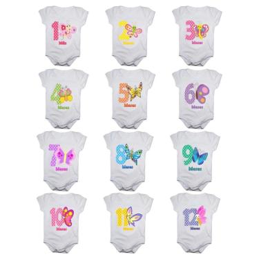 Imagem de Kit 12 Body Bebê Calupa Mesversario Manga Curta Borboletas 1 A 12 Meses Feminino-Feminino