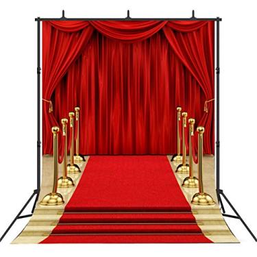 Imagem de Sensfun Cortina de tapete vermelho, pano de fundo de fotografia para festa temática de Hollywood, pano de fundo de vinil vermelho dourado para decoração de palco real de formatura, casamento, aniversário, evento, Natal, cabine de fotos, adereços de estúdio de 2,4 x 3 m