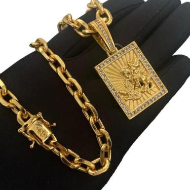 Imagem de Cordão Cadeado 8Mm + Pingente São Jorge - Banhado A Ouro - Tojoia18K