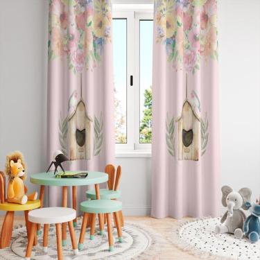 Imagem de Cortina Tecido Oxford Quarto Infantil Casa de Passarinhos e Flores - 2