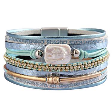Imagem de AZORA Pulseira feminina de couro barroco pérola envolvente pulseiras lindas pulseiras de ouro feitas à mão, joias boêmias, presente para mulheres, 7.5 inches, Couro, arenito