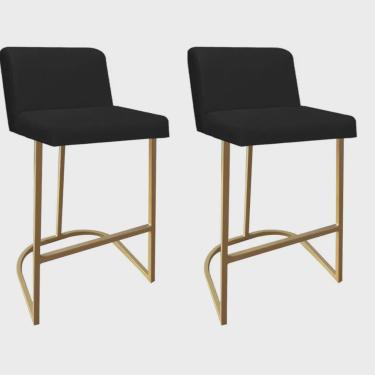 Imagem de Kit 02 Banquetas Com Encosto Noah Luxo Confort Bistrô Cozinha Ferro Dourado Sintético Preto - Ahazzo Móveis