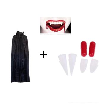 Imagem de Dentes de Vampiro/Drácula c/ Sangue falso e Capa Preta c/ Gola Adulto