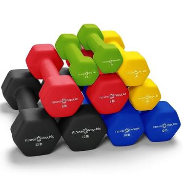 Imagem de Fitness Republic Conjunto de 5 pares de halteres de neoprene (1,4 kg, 2,3 kg, 3,6 kg, 4,5 kg e 5,4 kg)
