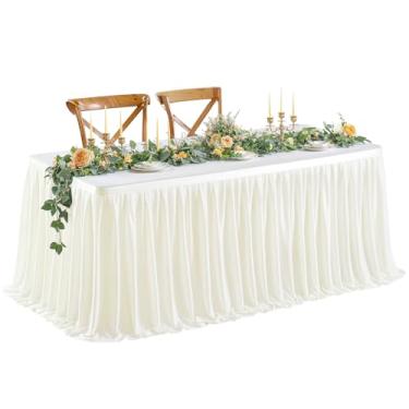 Imagem de Wish Care Saia de mesa longa marfim de 5,2 m para decorações de mesas retangulares – Saia de mesa plissada de poliéster resistente a vincos para escritório, chá de bebê, festa de aniversário, banquete