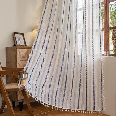 Imagem de Sutuo Home Cortinas Boho de 213 cm de comprimento para quarto das crianças, filtro de luz, linho, fazenda, campo vazado, borlas, tratamento de janela, boêmio, bordado, drapeado, 1 painel 132 cm L x