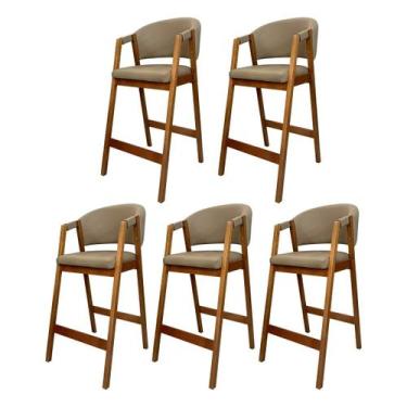 Imagem de Kit 5 Banquetas Alta de Madeira Amêndoa Ravena Estofada Monterey Bege 