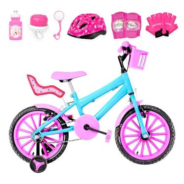 Imagem de Bicicleta Aro 16 Nylon + Kit Premium Azul Claro E Rosa