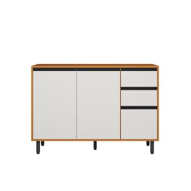 Imagem de Balcão Poliman Ravena 120cm 3 Portas 2 Gavetas Tampo 15mm Puxadores Pretos Freijó Off White Acetinado