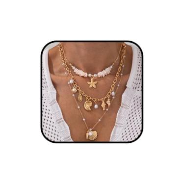 Imagem de CRUSH CR Conjunto de colares em camadas de verão para mulheres, conjunto de gargantilhas de ouro, concha do mar, estrela-do-mar, cavalo-marinho, conjunto de gargantilha ajustável, boêmio, para férias