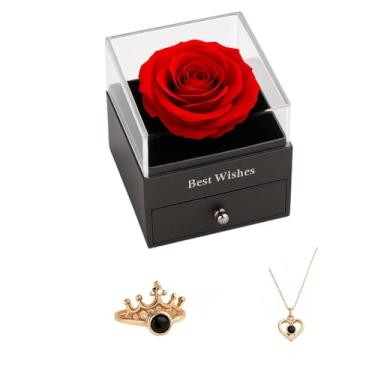 Imagem de Kit Presente com Rosa Eterna Natural + Colar Coração “Eu Te Amo” 100 Idiomas + Anel Ajustável + Caixa Premium e Cartão | Presente para Datas Especiais (KIT DOURADO)