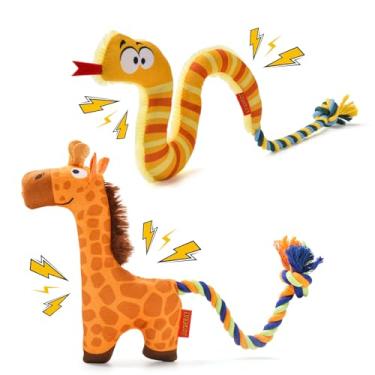 Imagem de AUSCAT Brinquedo de corda de cachorro de pelúcia, brinquedo durável de cabo de guerra com barulho, brinquedos de dentição trançados para filhotes, cães pequenos, médios, cobra e girafa