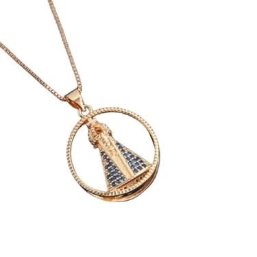 Imagem de Colar Nossa Senhora Aparecida Banhado a Ouro 18k, Pingente Circular com Zircônias Azuis e Brancas, Dupla Face