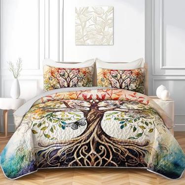 Imagem de AILONEN Conjunto de colcha árvore da vida, capa de cama de borboleta boêmia, macia, leve, retrô, árvore da vida, 3 peças (colcha, 2 fronhas)