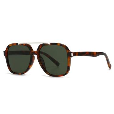 Imagem de JRLLFD Óculos de sol femininos grandes com ponte dupla, armação retrô UV400, rebites, escuros, masculinos (verde escuro, leopardo)