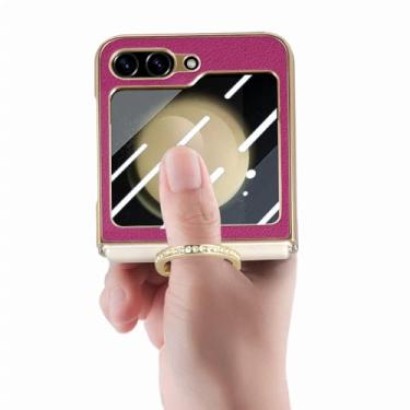 Imagem de Capa de couro com suporte de anel Bling para Samsung Galaxy Z Flip 5 Flip5 Flip4 Flip 4 5G Melhor capa de filme de vidro de proteção, roxa, para Samsung Z Flip 5