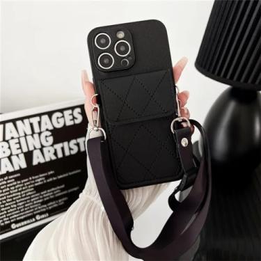 Imagem de Capa de telefone crossbody de couro para iPhone 15 14 13 12 11 Pro XS Max XR X 7 8 6 6S Plus Carteira com capa de suporte de cartão, preta, para iPhone 7Plus (8Plus)