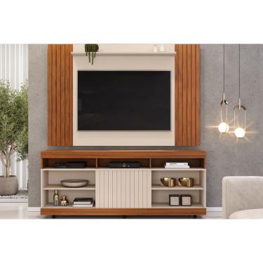 Imagem de Rack Bancada c/ Painel p/ TV até 60 Pol Trend/Dili Ripado Porta e Nichos 160x175,7cm Freijó/Off White - DJ Móveis