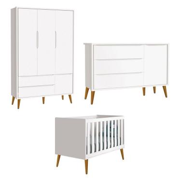 Imagem de Jogo De Quarto Para Bebê Completo 3 Portas Théo New Branco Fosco Com Madeira - Reller