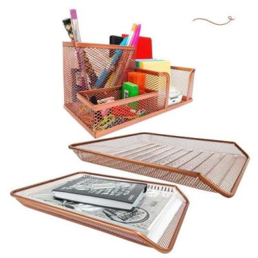 Imagem de Kit Escritório Organizador Porta Caneta Mesa E Bandejas Rose - Markys 