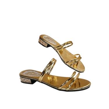 Imagem de GORGLITTER Sandálias femininas com tiras grossas de salto mule metálico, bico aberto, elegante, sem cadarço, para festa de formatura, Dourado, 38