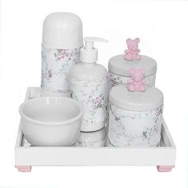 Imagem de Kit Higiene Espelho Completo Porcelanas, Garrafa Pequena e Capa Ursinho Rosa