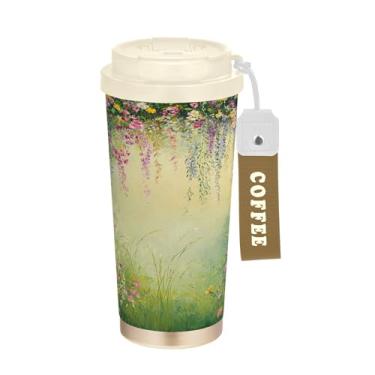 Imagem de SEHANY Caneca de viagem vintage com flores de jardim de 482 ml, copos de café reutilizáveis revestidos de cerâmica com tampa à prova de vazamento, parede dupla, isolamento a vácuo, copo de café de aço