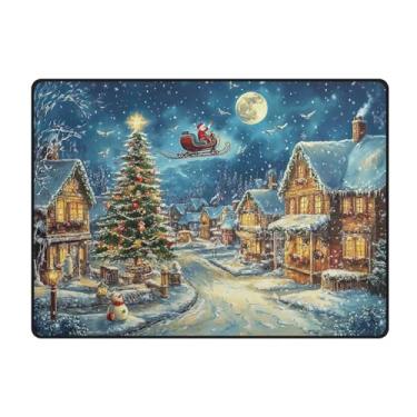 Imagem de Blueangle Tapetes de Natal laváveis de 10 x 13 cm para sala de estar - Tapete ultramacio antiderrapante resistente a manchas com desenho animado de cidade na neve, decoração de férias para quarto e