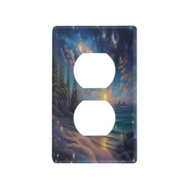 Imagem de Blueangle Linda placa de parede com saída dupla de cena de praia, tamanho padrão, placas de cobertura de tomada elétrica de 1 gangue para decoração de quarto de escritório em casa, 4,53 x 2,76