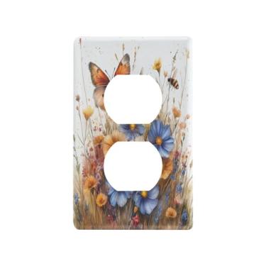 Imagem de Blueangle Placa de parede duplex Wildflowers Butterflies Outlets, tamanho padrão, placas de cobertura de tomada elétrica de 1 gangue para decoração de quarto de escritório em casa, 4,53 x 2,76