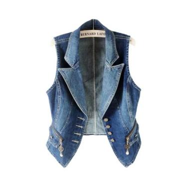 Imagem de Colete Jeans Feminino Sem Mangas Casual 5XL Com Botões Para Primavera 