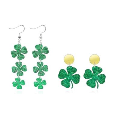 Imagem de 2 pares de brincos femininos do dia de São Patrício com pingente de trevo irlandês, chapéu verde, trevo, para festivais de férias, dia de São Patrício, acessórios para presente, Acrílico, Sem pedra